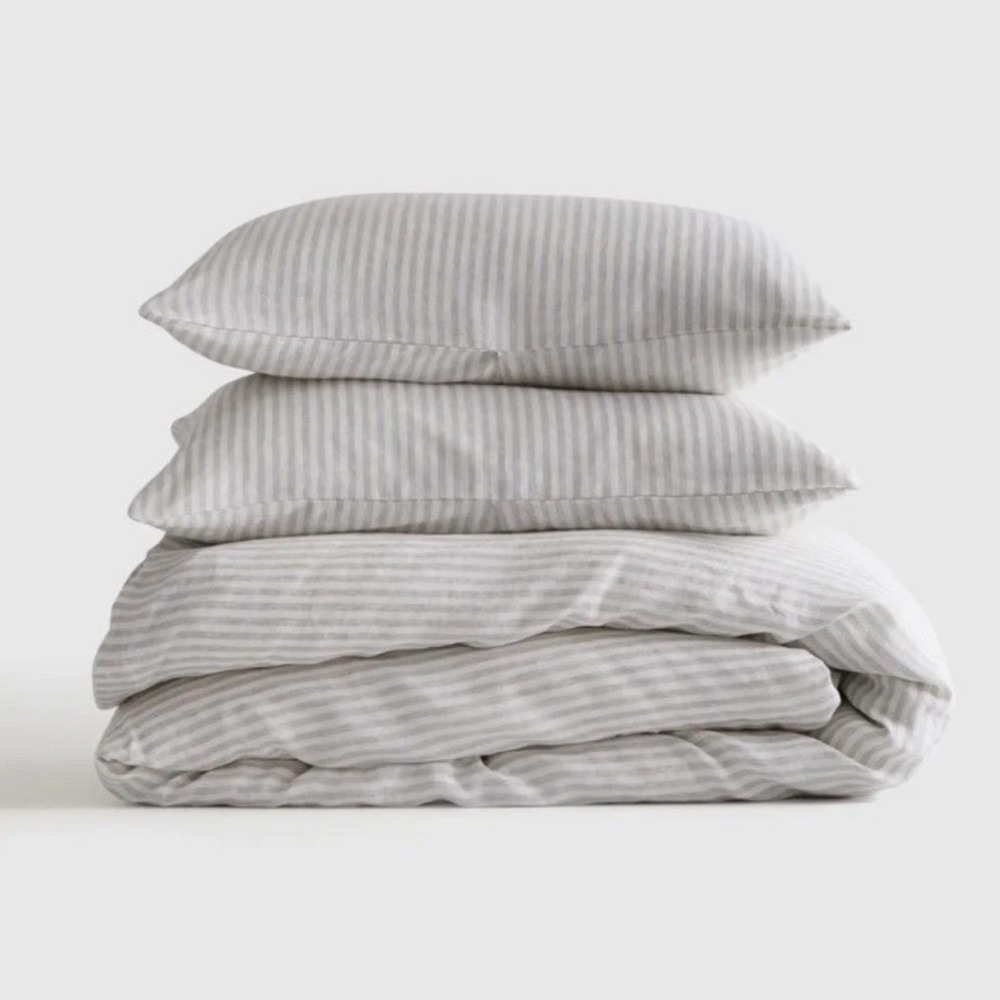 Quince European Linen Stripe Duvet Cover Set Full Queen Mist 3 Piece Set NWOT
